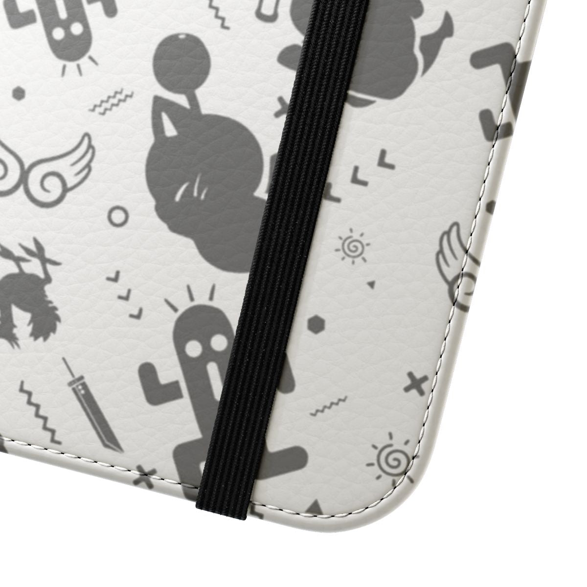 Vintage-inspired Final Fantasy-themed flip cover phone case with iconic characters and patterns. - Close Up