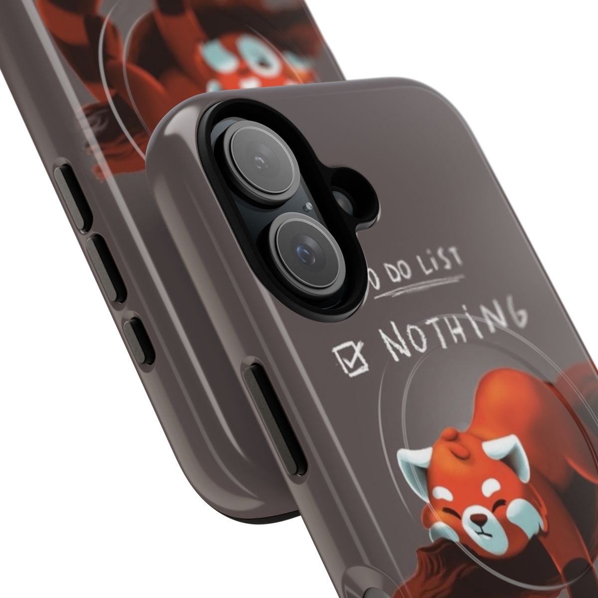 Magnetic tough phone case featuring a cute and fluffy red panda design for procrastinators - Detail