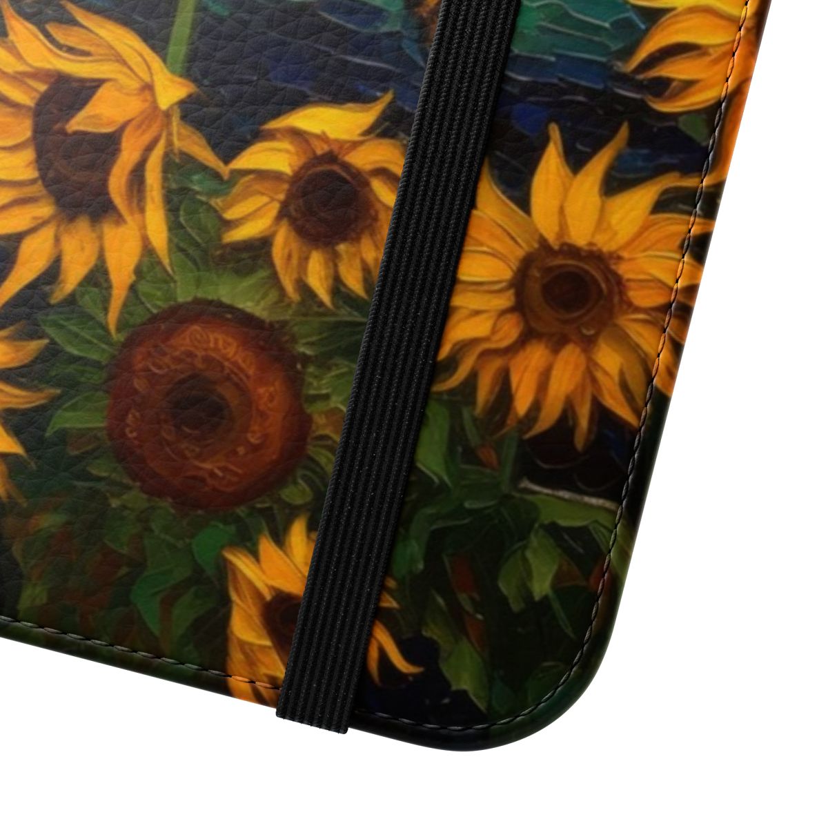 Flip cover phone case with a picturesque oil painting-style design featuring sunflowers and bees. - Close Up