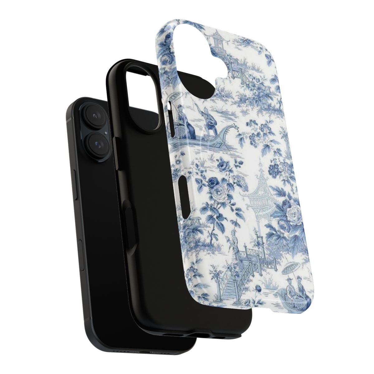 Powder blue chinoiserie toile patterned phone cases with magnetic closure and tough protection. - Layers