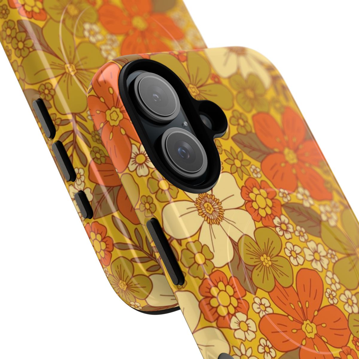 Retro floral phone case with olive green and orange colors - Detail