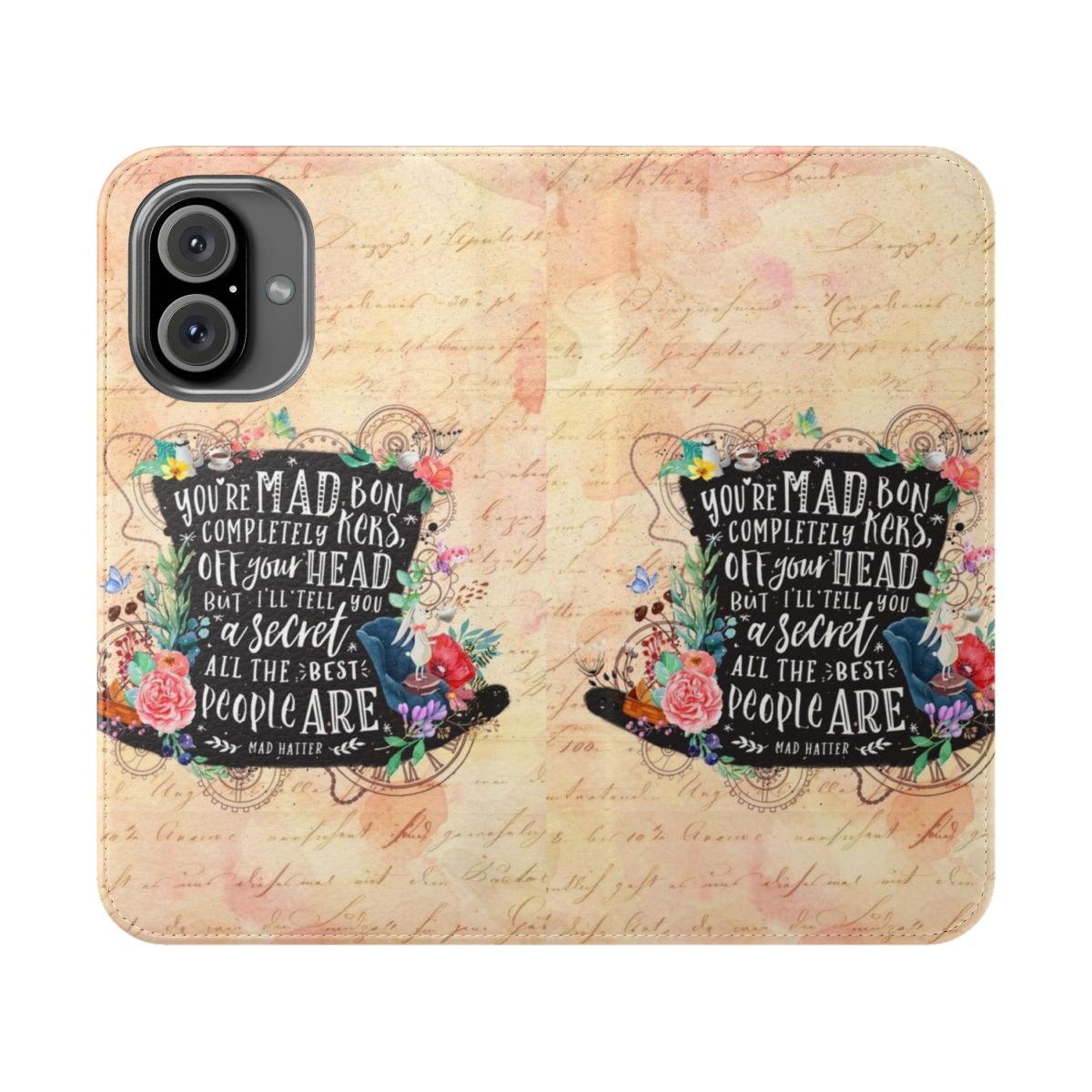 Vintage-style phone case featuring a whimsical, nature-inspired design with silhouettes, flowers, and storybook elements.