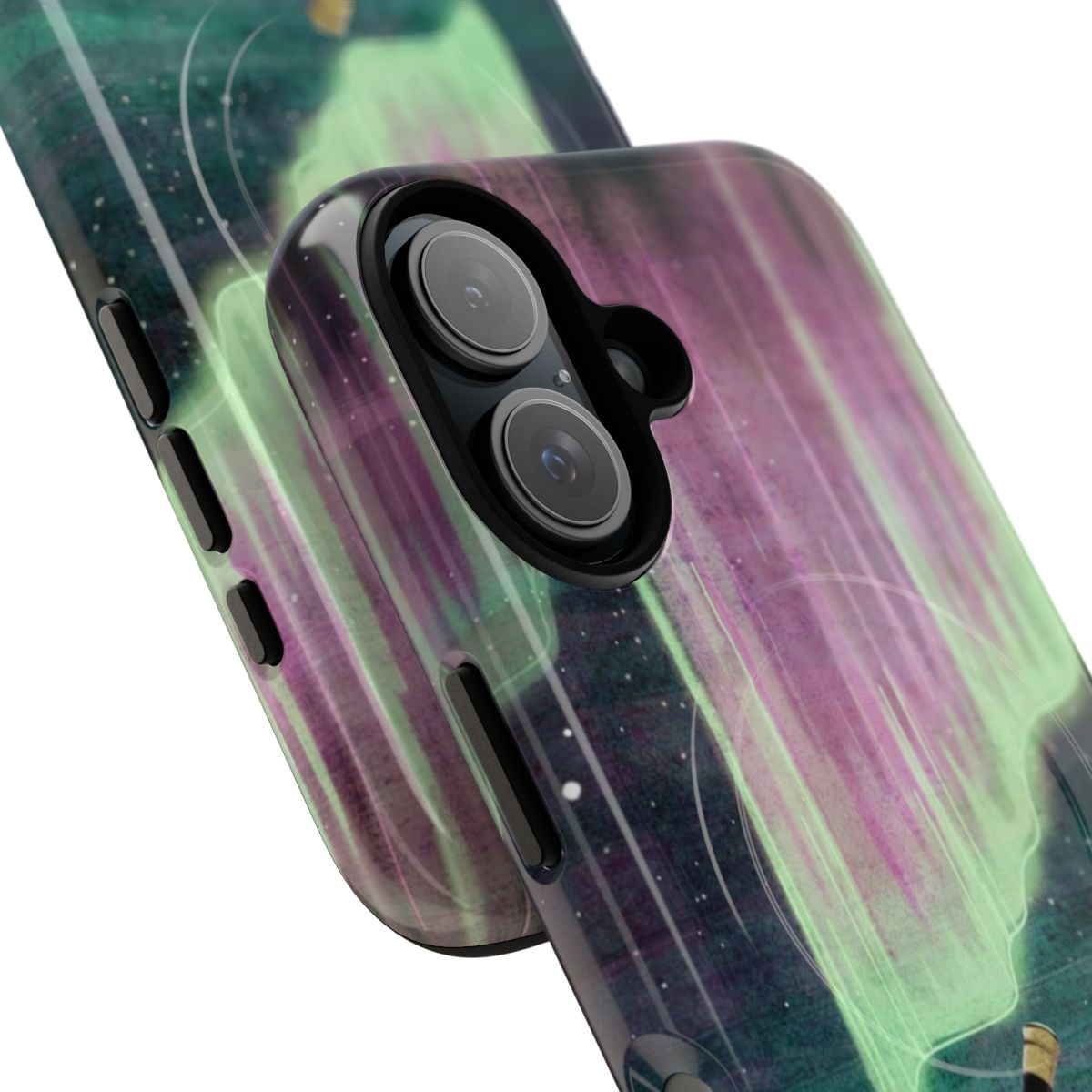 Stargazer magnetic phone case with night sky, northern lights, and ghost design - Detail