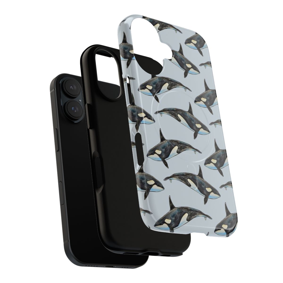 Artistic phone case with a hand-painted orca design in a vibrant watercolor style against a blue background. - Layers