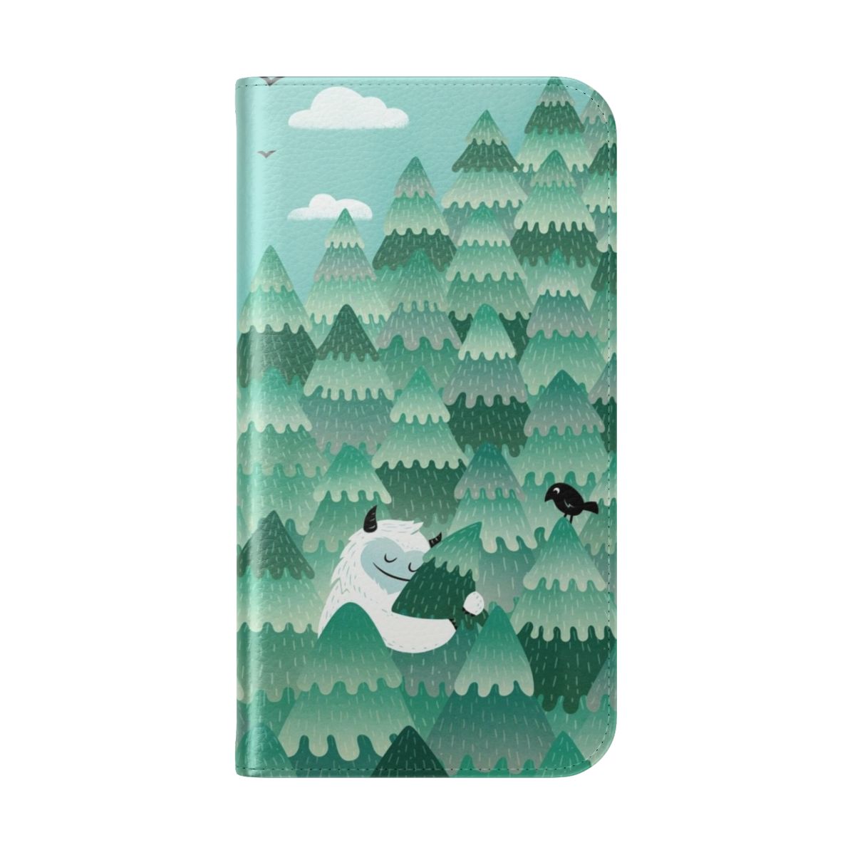 Tree Hugger Flip Cover Phone Case with a monster, yeti, or bigfoot hugging a tree in a forest or woodland setting - Folded Back