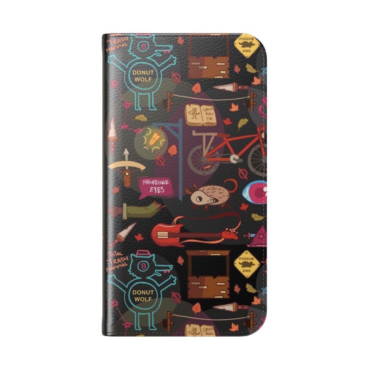 A flip cover phone case featuring a unique autumn-inspired pattern, perfect for fans of the indie game "Night in the Woods". - Folded Back