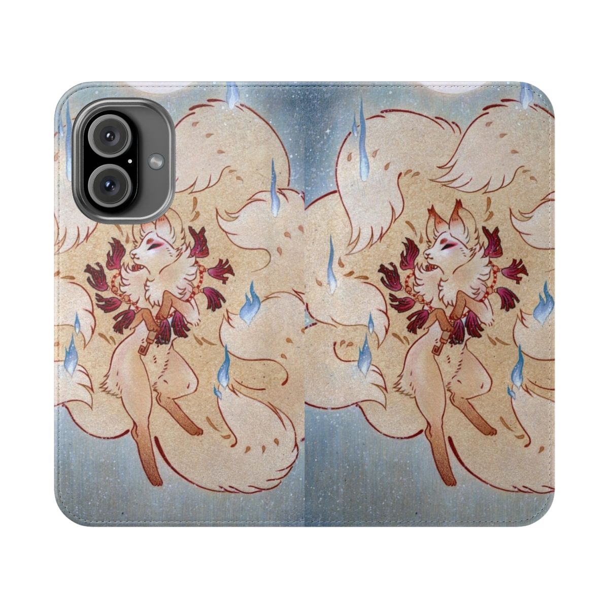 Stunning watercolor and color pencil illustration of a nine-tailed kitsune fox against a crescent moon and starry night sky, featured on a sleek flip cover phone case.