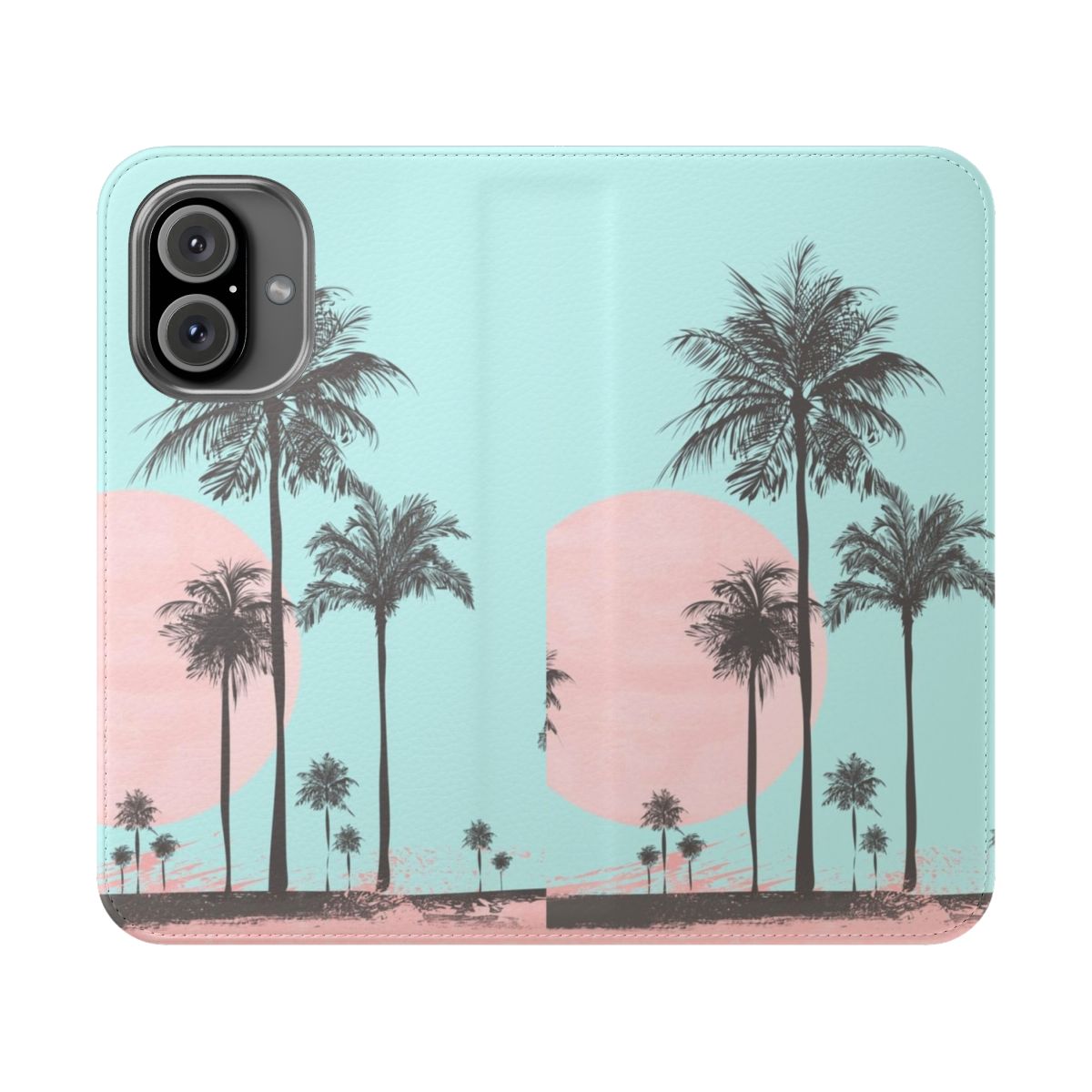 Pastel colored tropical beach scene with palm trees and sunset on phone case