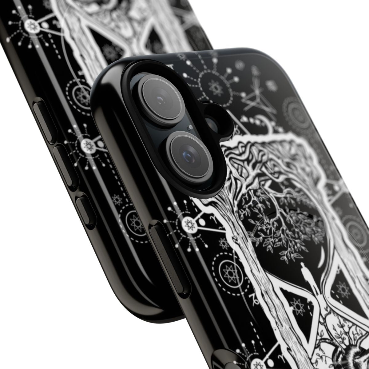 A dark, gothic phone case featuring a crow silhouette and crystal design - Detail