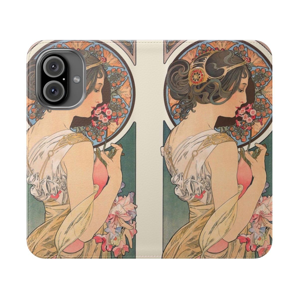 Vintage phone case with floral design inspired by the art of Alphonse Mucha