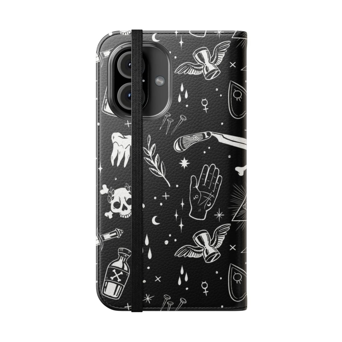 A dark and mysterious flip cover phone case featuring occult and gothic design elements. - Folded Front