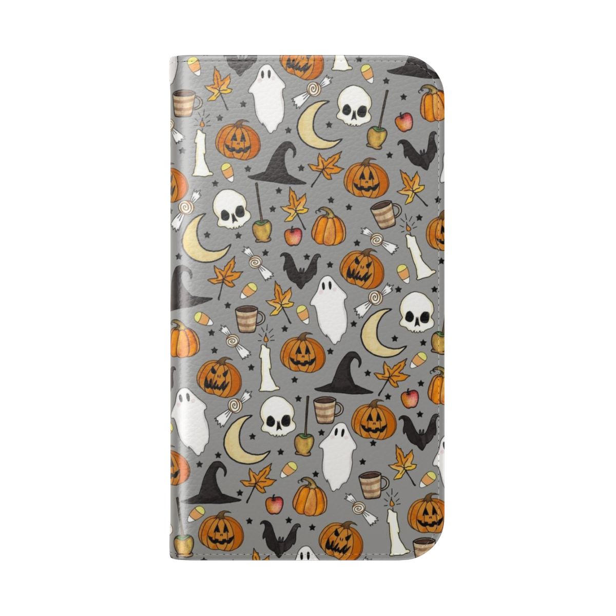 A gray and orange patterned flip cover phone case with a Halloween theme, featuring pumpkins, moons, and other spooky elements. - Folded Back