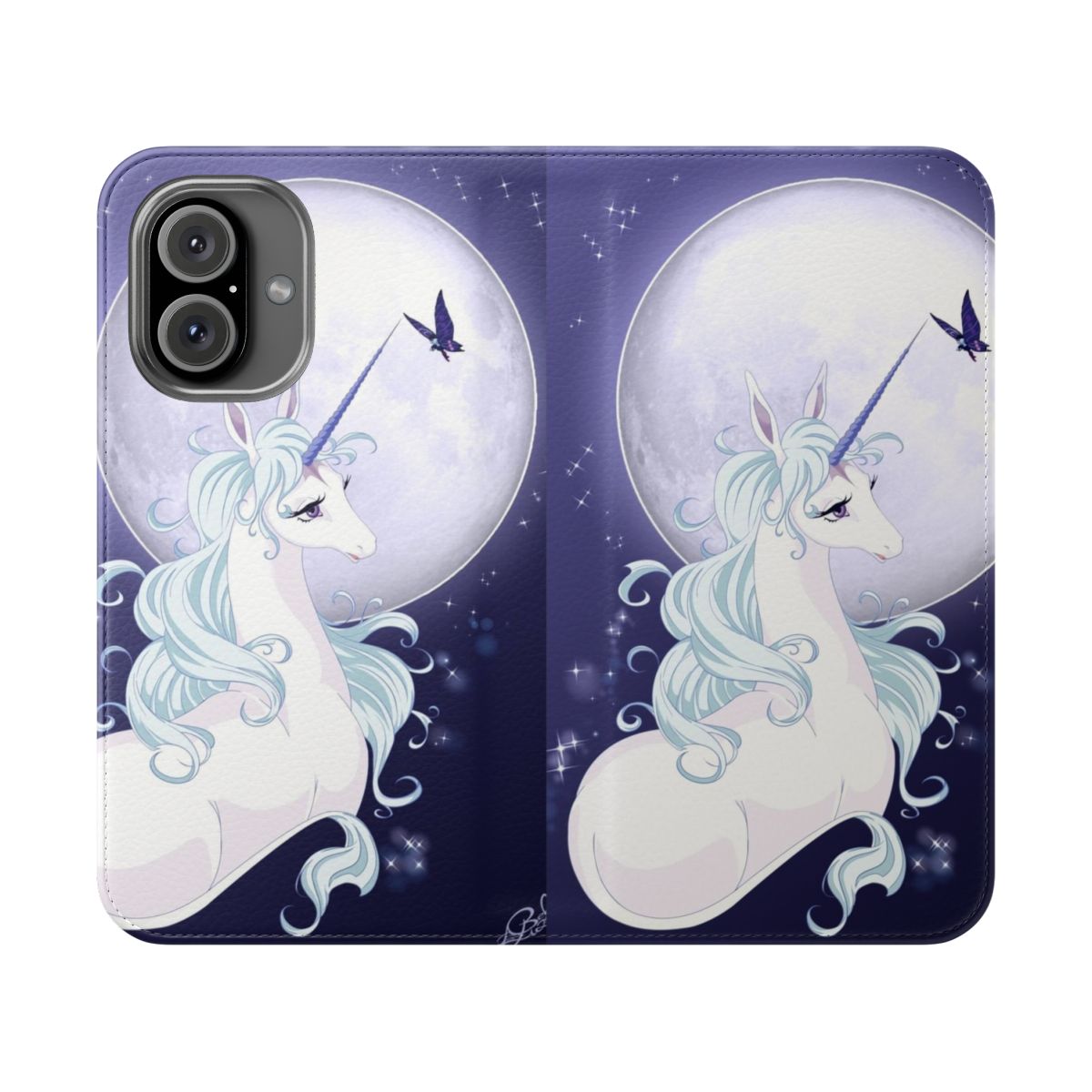 Flip cover phone case featuring a full moon unicorn design