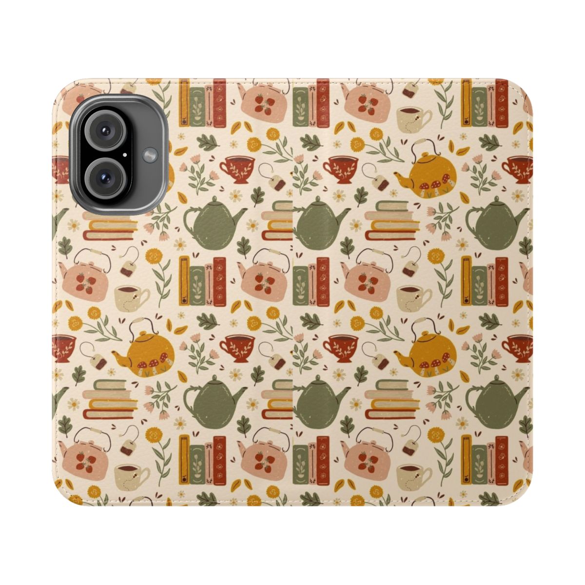 Whimsical floral phone case with a vintage-inspired books and tea design