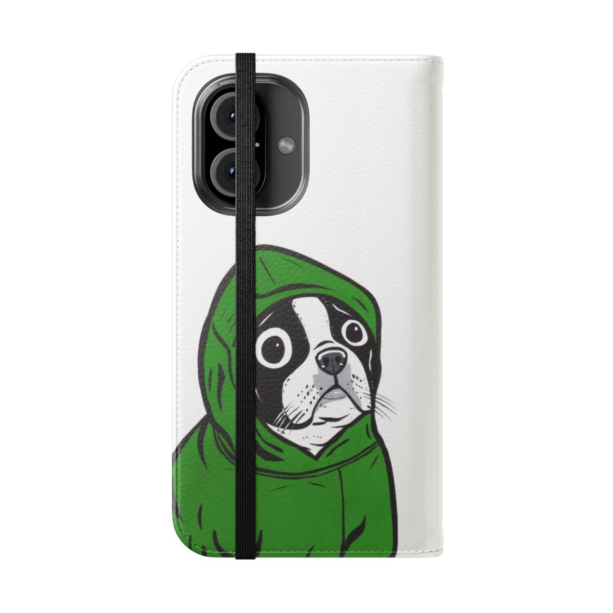 Boston Terrier in a green hoodie on a flip cover phone case with a pop art style design. - Folded Front