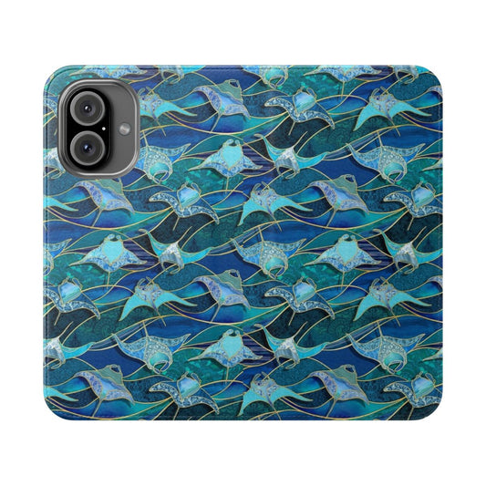 Patchwork design featuring blue manta rays on a flip cover phone case.