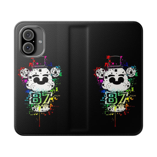 Horror gaming-inspired flip phone case featuring characters from the Five Nights at Freddy's video game series.