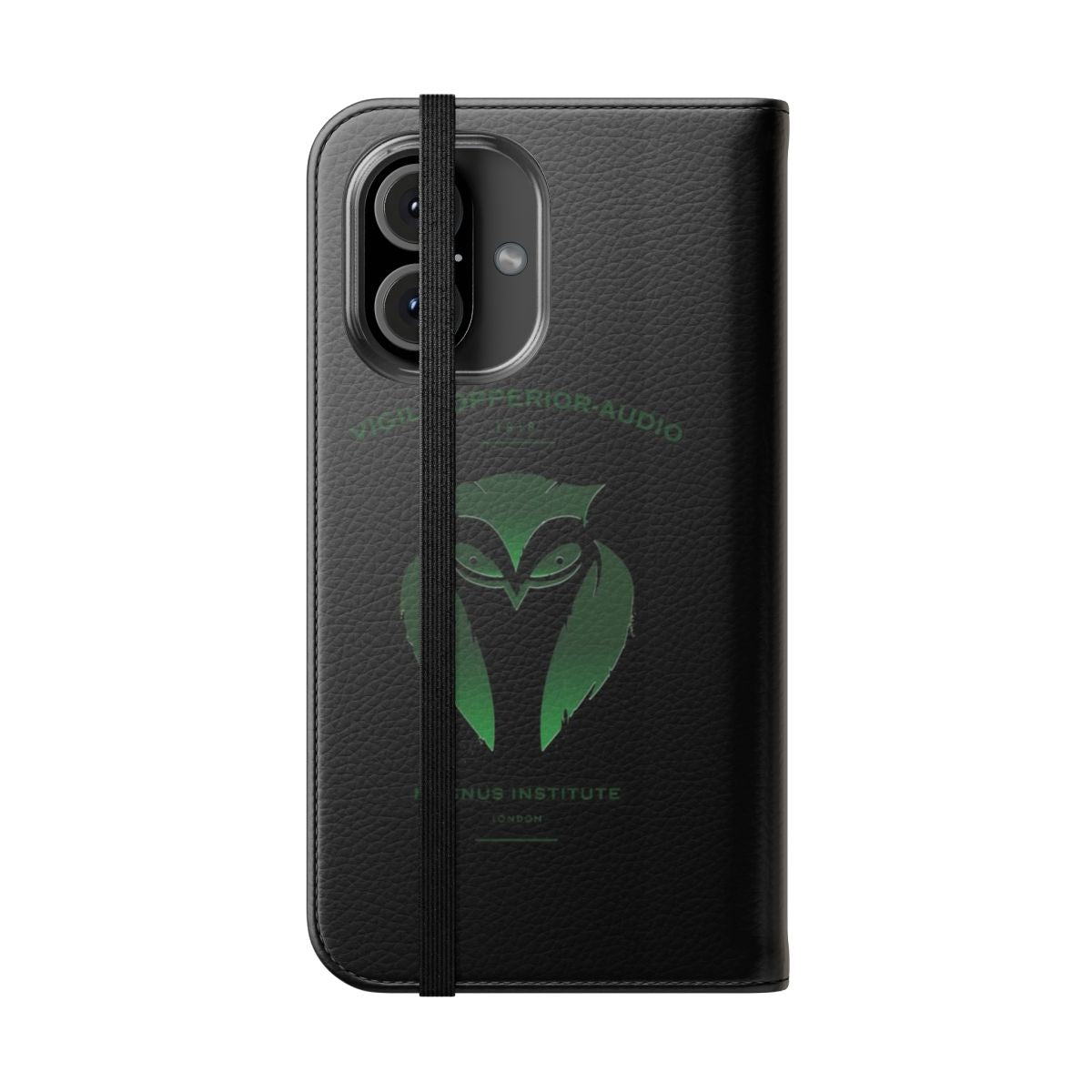 Flip cover phone case with a dark academic, spooky owl emblem design - Folded Front