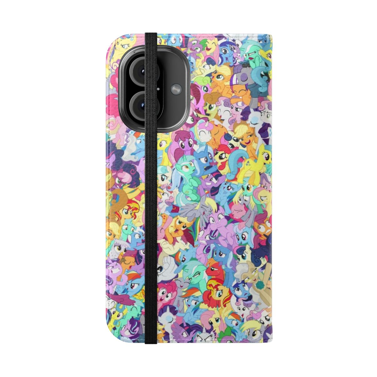 Flip cover phone case featuring a colorful, whimsical pony design. - Folded Front