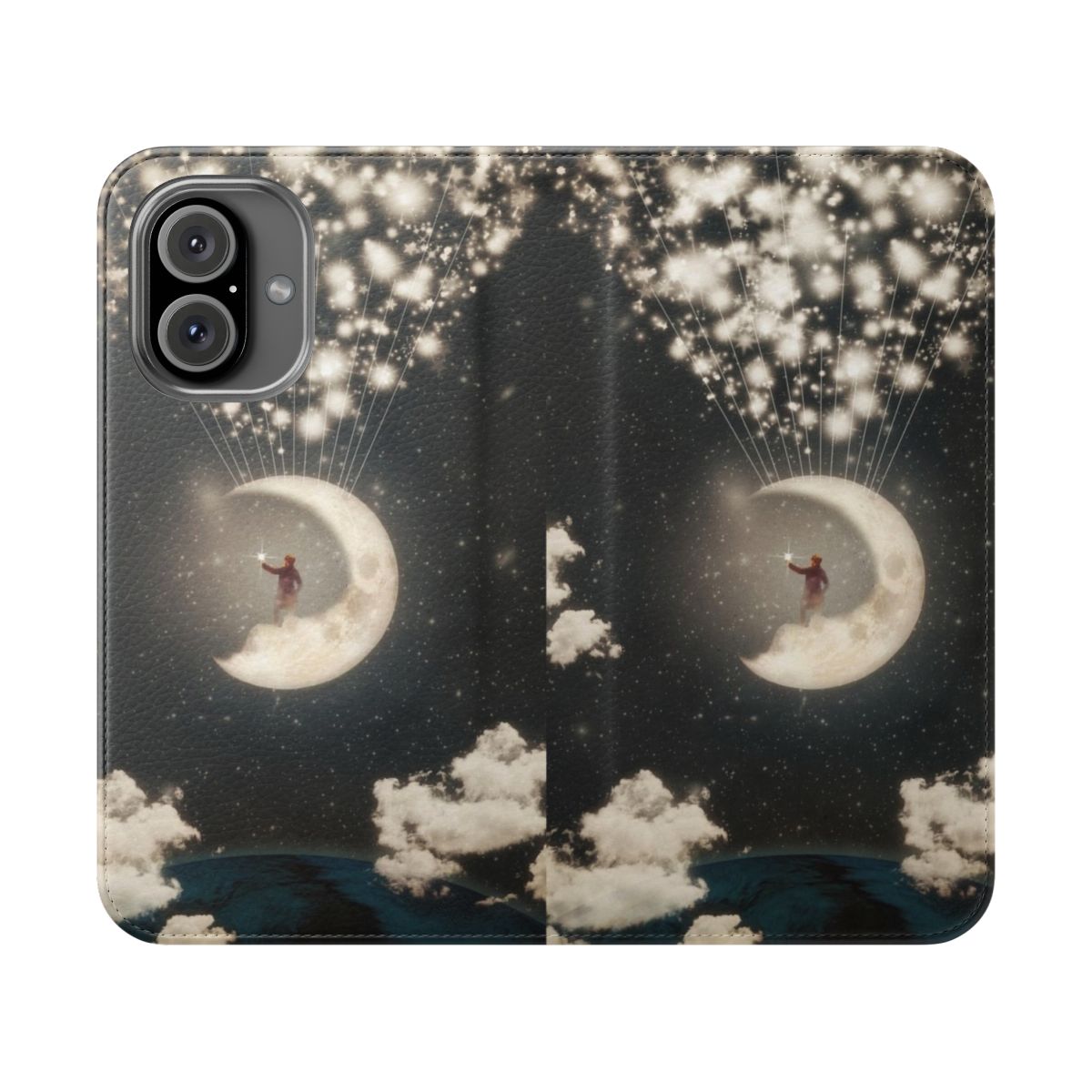 Flip phone case with an artistic depiction of the moon and space