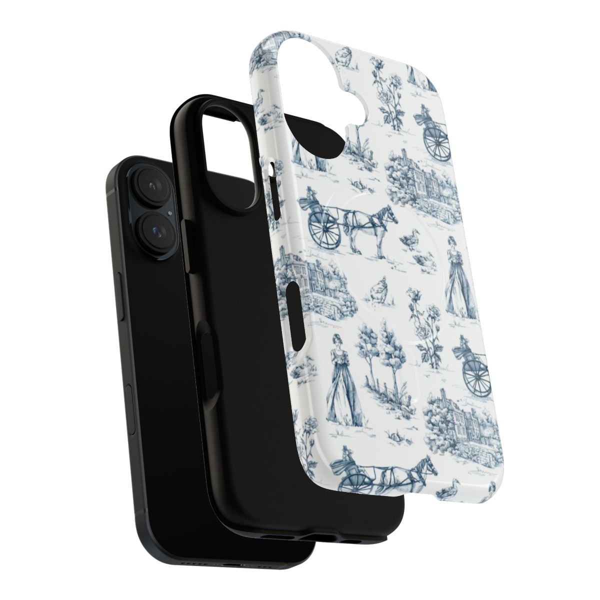 A blue and white Toile de Jouy inspired phone case featuring a design inspired by the classic Jane Austen novel "Pride and Prejudice". - Layers