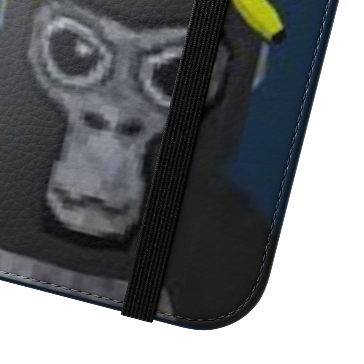 Flip cover phone case featuring a monkey holding a banana, a design inspired by the popular game Gorilla Tag. - Close Up