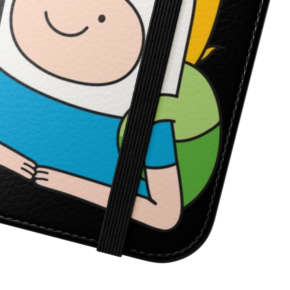 Colorful flip cover phone case featuring Adventure Time characters BMO, Finn, and Jake - Close Up