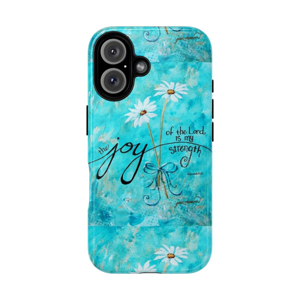 Vibrant blue and turquoise floral design with hand-lettered "The Joy of the Lord is my Strength" text