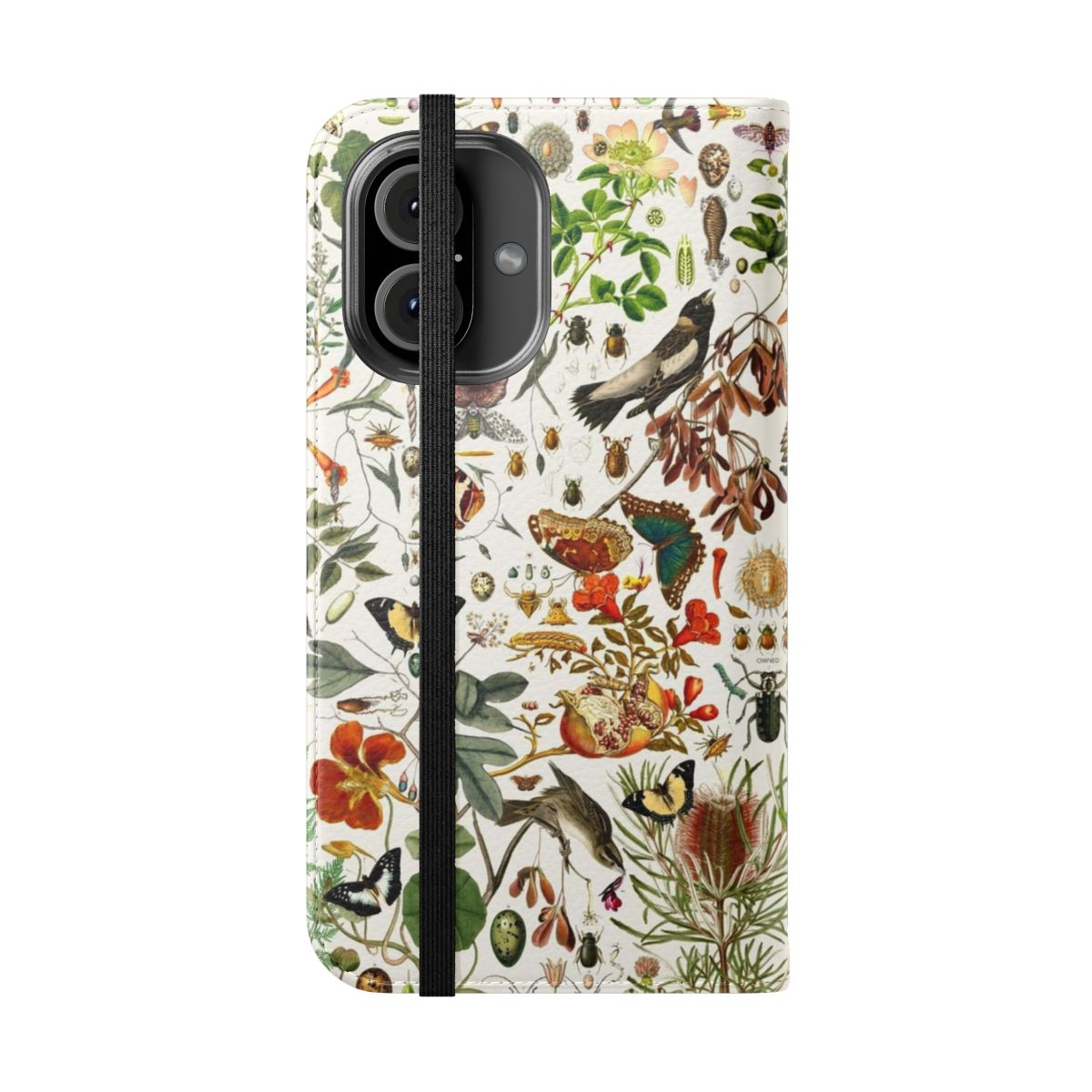 Nature-inspired flip cover phone case with detailed illustrations of butterflies, birds, and plants - Folded Front