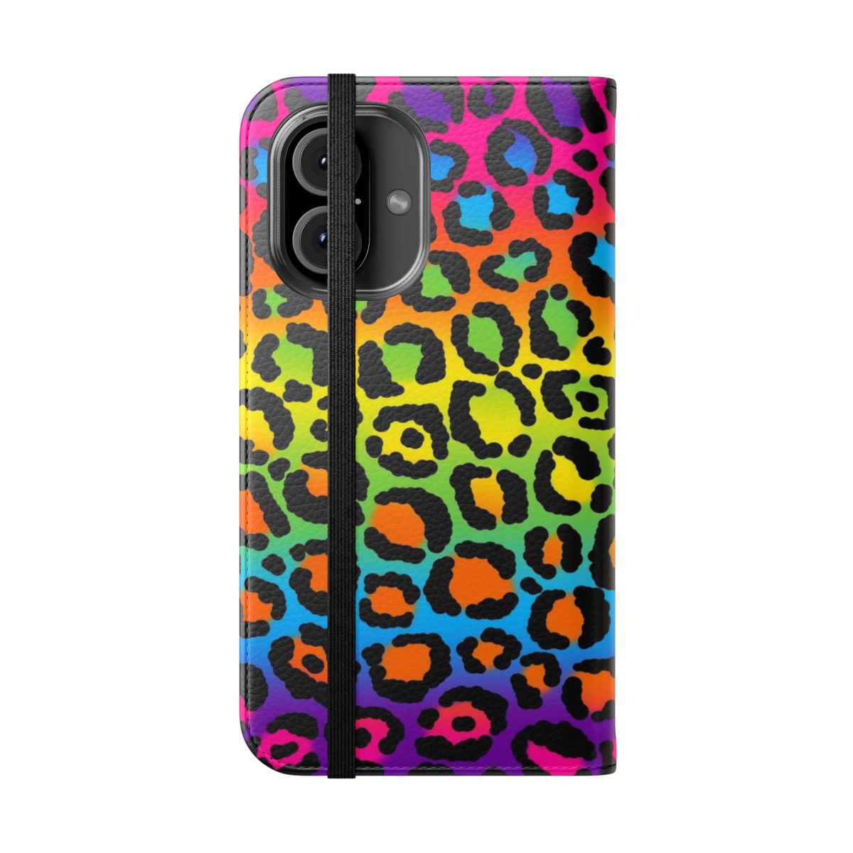 Vibrant 90s-inspired leopard print and rainbow flip phone case - Folded Front