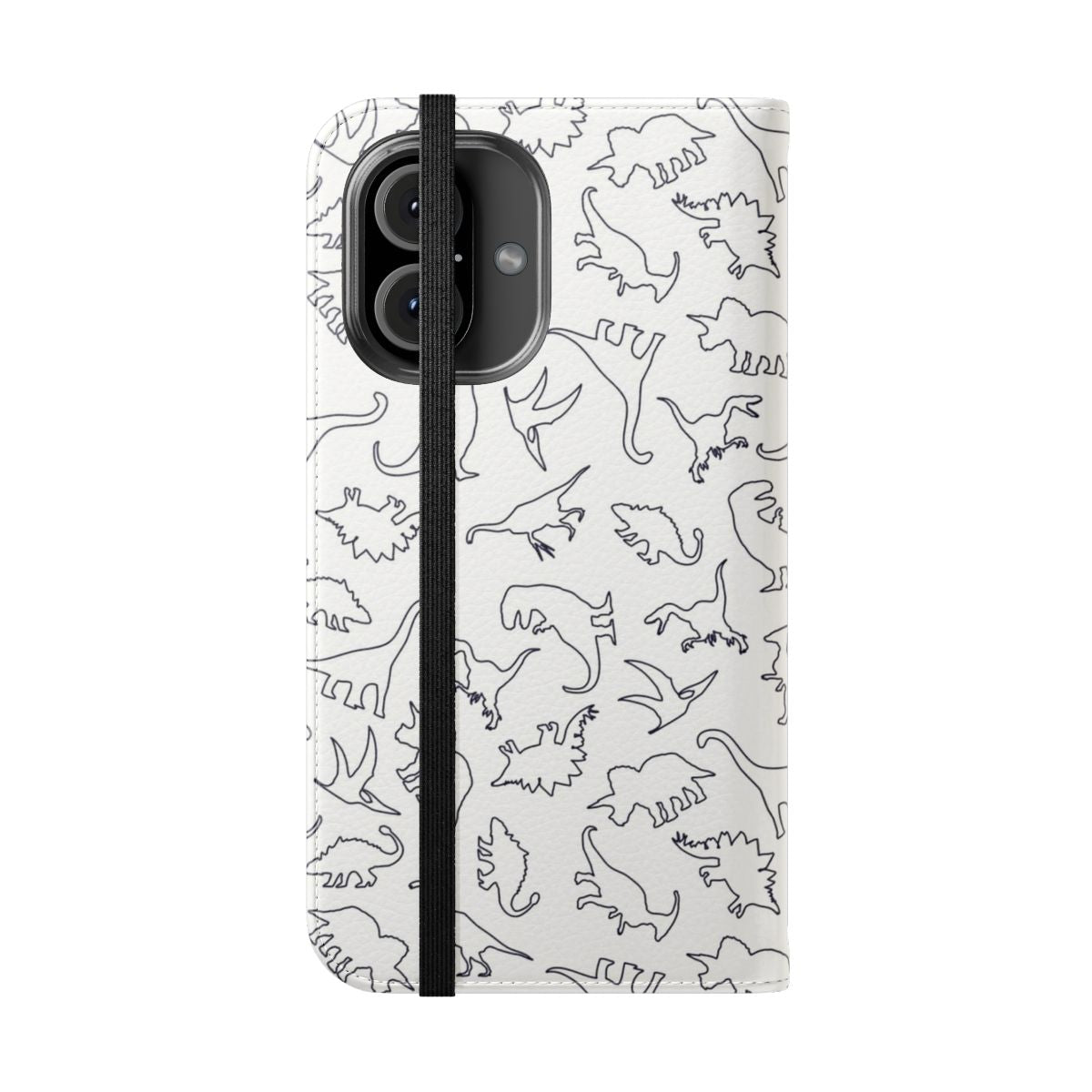 Dark silhouette dinosaur outline pattern on a flip cover phone case - Folded Front