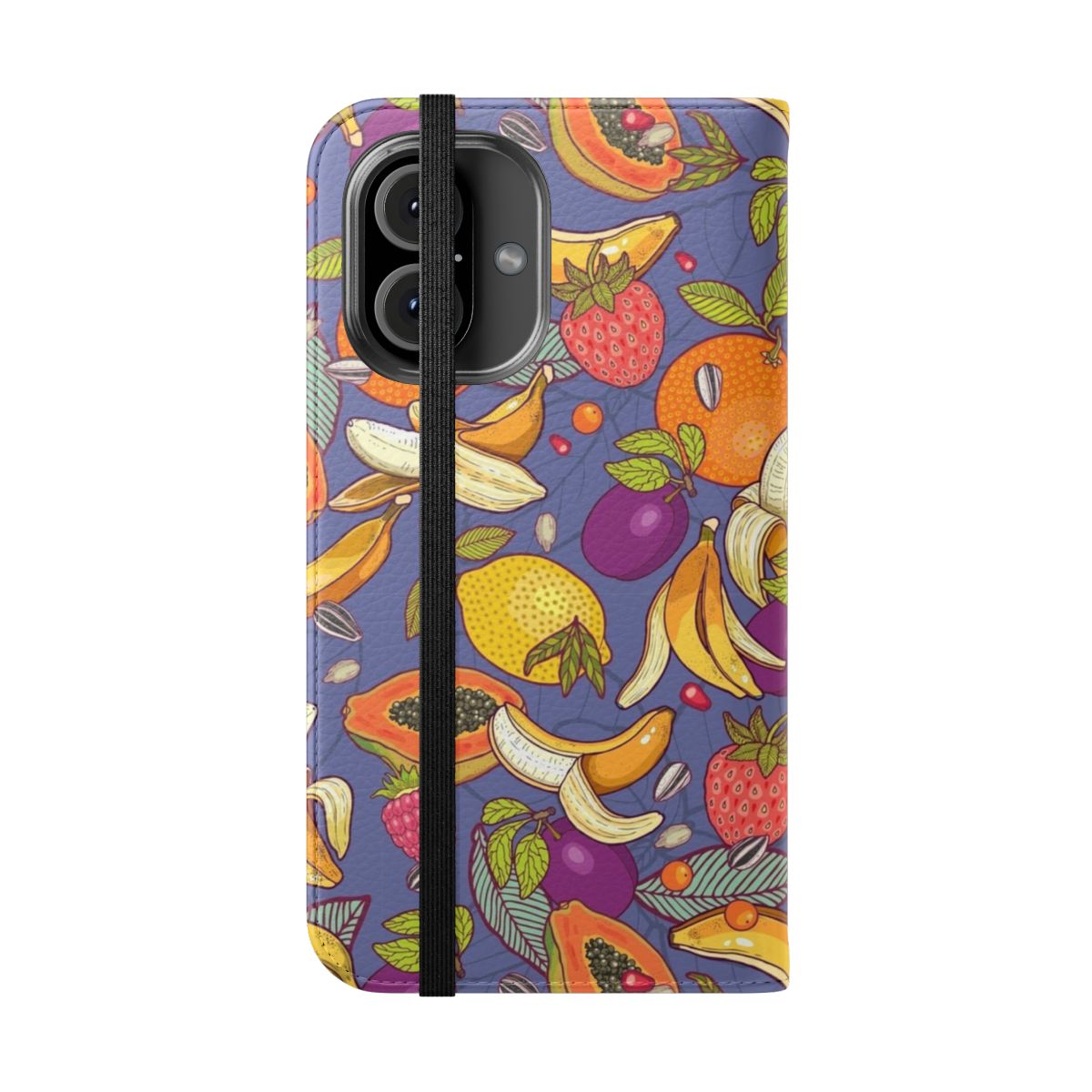 Colorful tropical-themed flip cover phone case with papaya, strawberry, and other fruit designs. - Folded Front