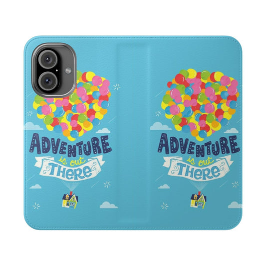 Flip cover phone case with "Adventure Is Out There" inspirational quote