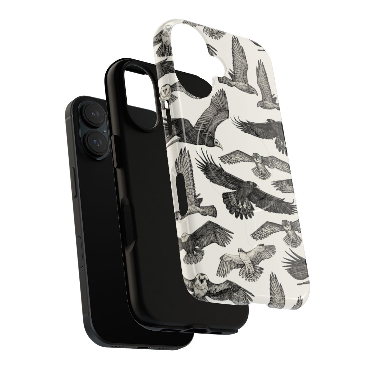 Black and white phone case featuring patterns of various birds of prey such as owls, hawks, and eagles. - Layers