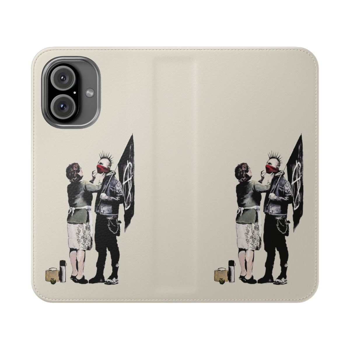 Beige and white phone case with Banksy-inspired graffiti design featuring a punk figure holding an anarchist flag.