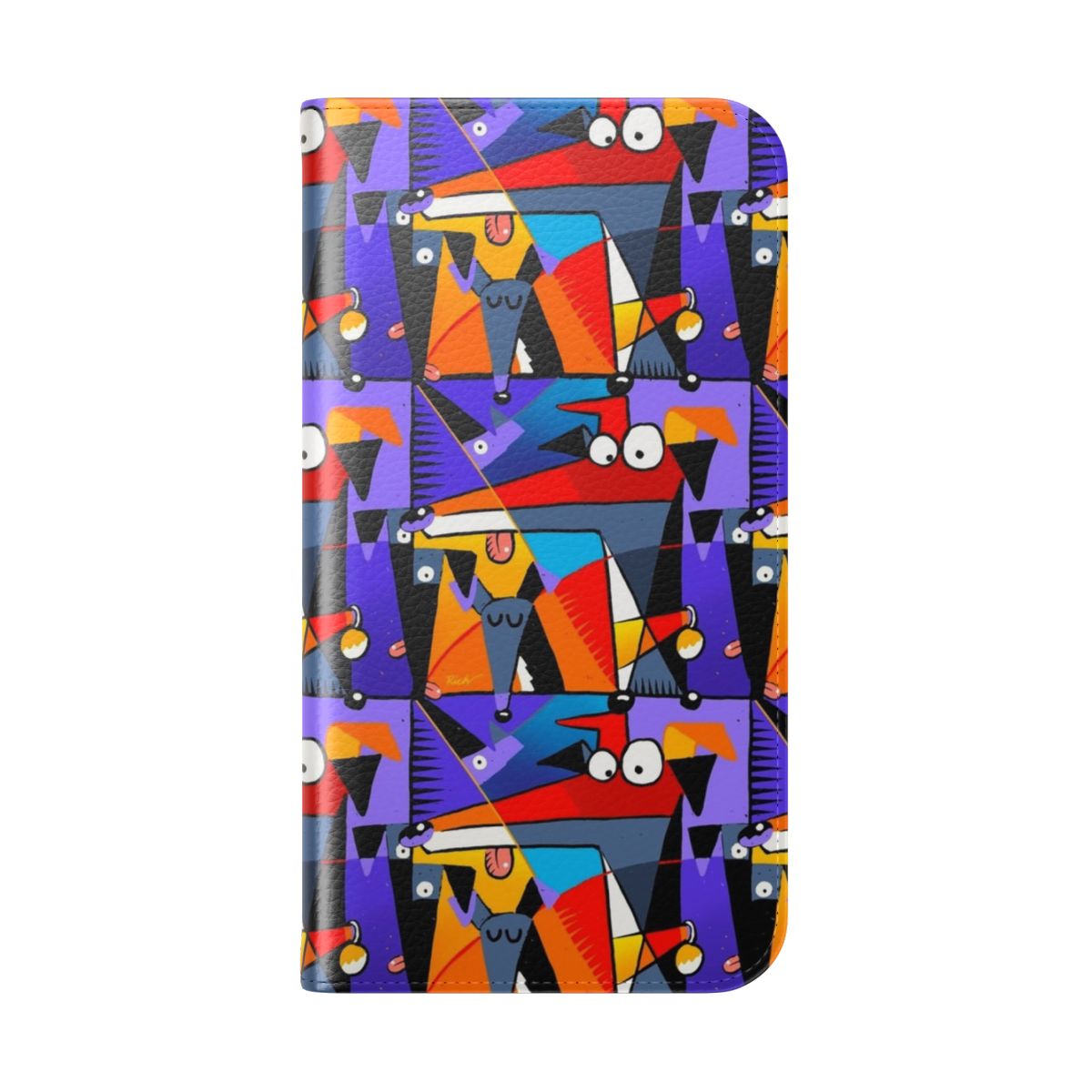 Derpism themed flip cover phone case featuring a cartoon design of a greyhound, lurcher, or whippet dog - Folded Back