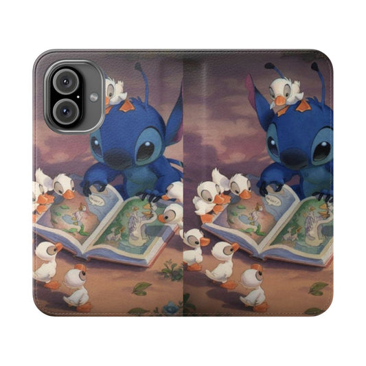 A cute and whimsical flip cover phone case featuring the beloved character Stitch from the Disney movie "Lilo and Stitch" reading a book.