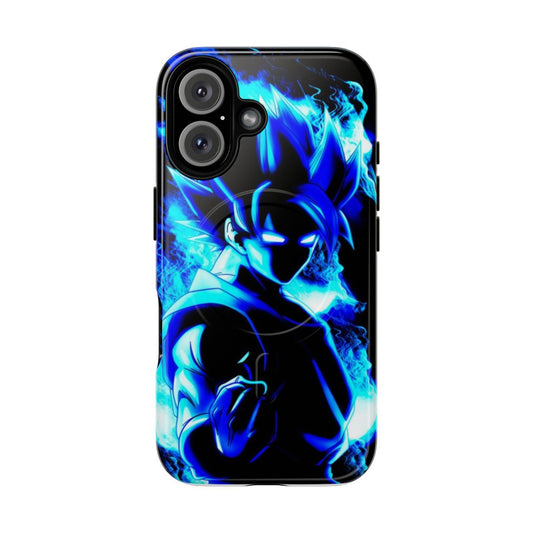 Vibrant and colorful magnetic tough phone case featuring Goku in his super saiyan form from the popular anime Dragon Ball Z.