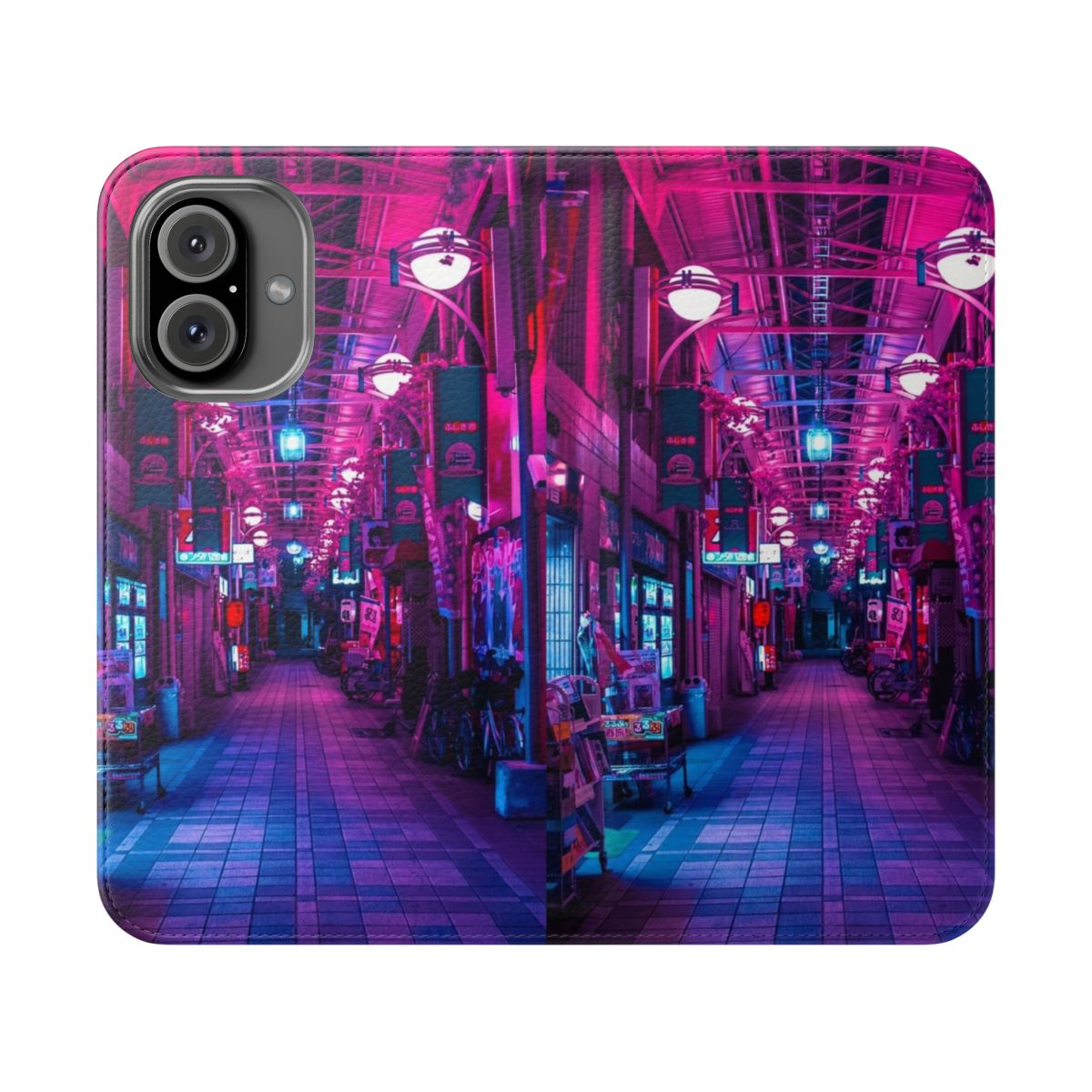 Vibrant, futuristic phone case featuring a neon-lit alley in a sci-fi, dimensional landscape.