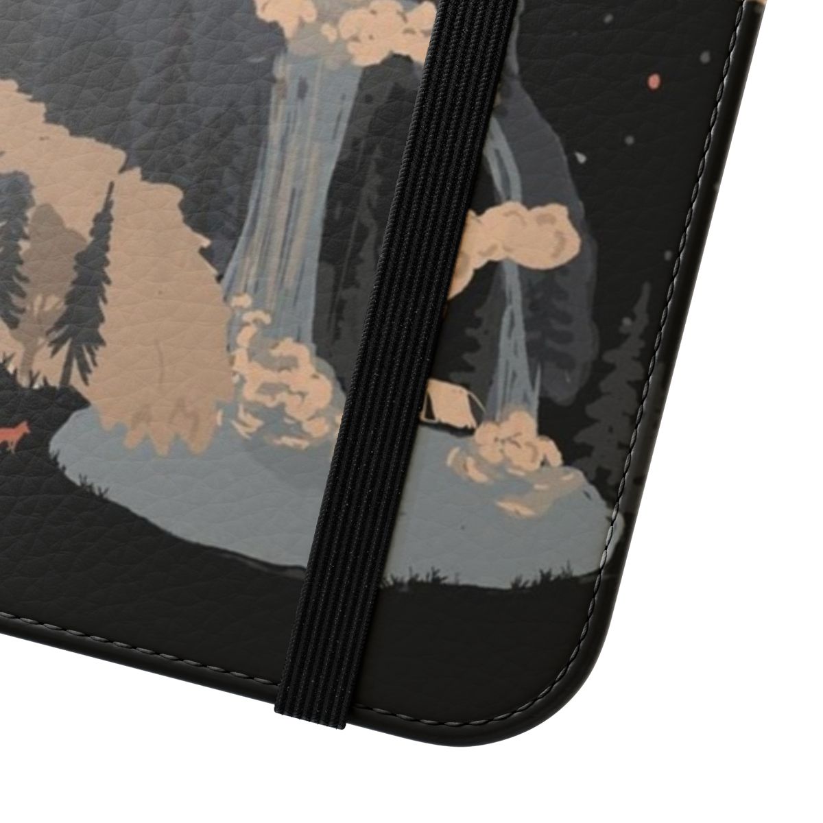 A flip cover phone case showcasing a breathtaking landscape of Fox Mountain with a waterfall, pond, and wildlife. - Close Up