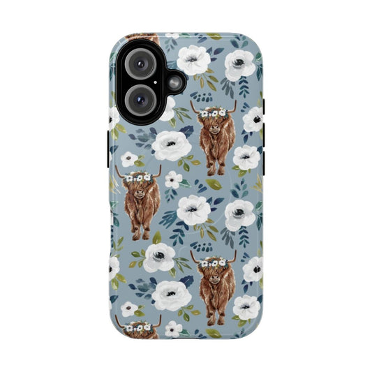 Floral phone case with watercolor highland cow illustration