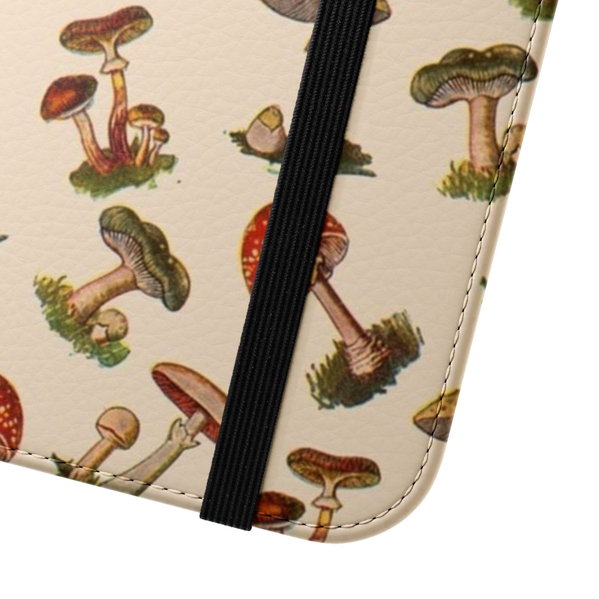 Flip cover phone case featuring a pixelated mushroom design in a nature-inspired scene. - Close Up