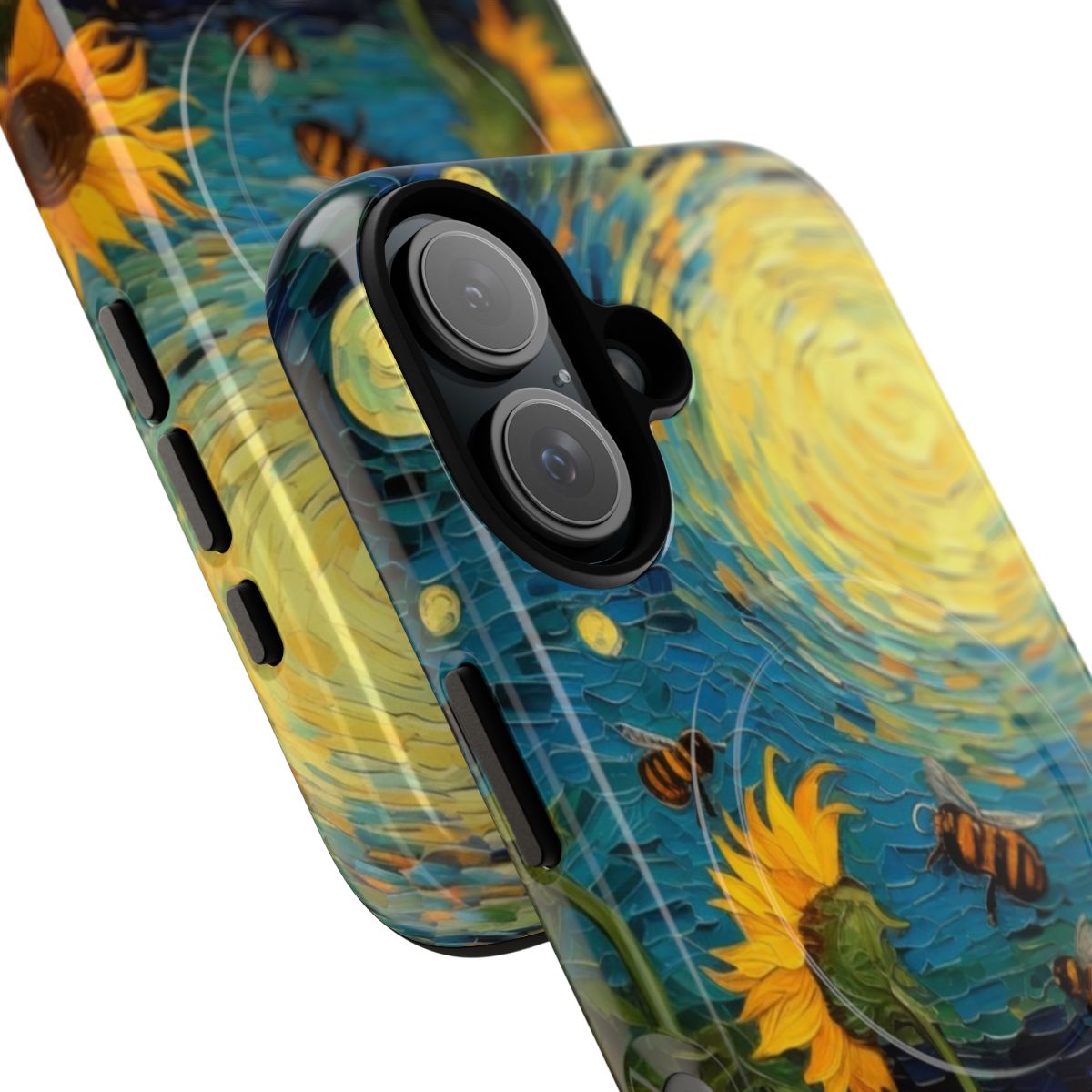 Sunflower and bee magnetic tough phone case with a beautiful oil painting-inspired design - Detail