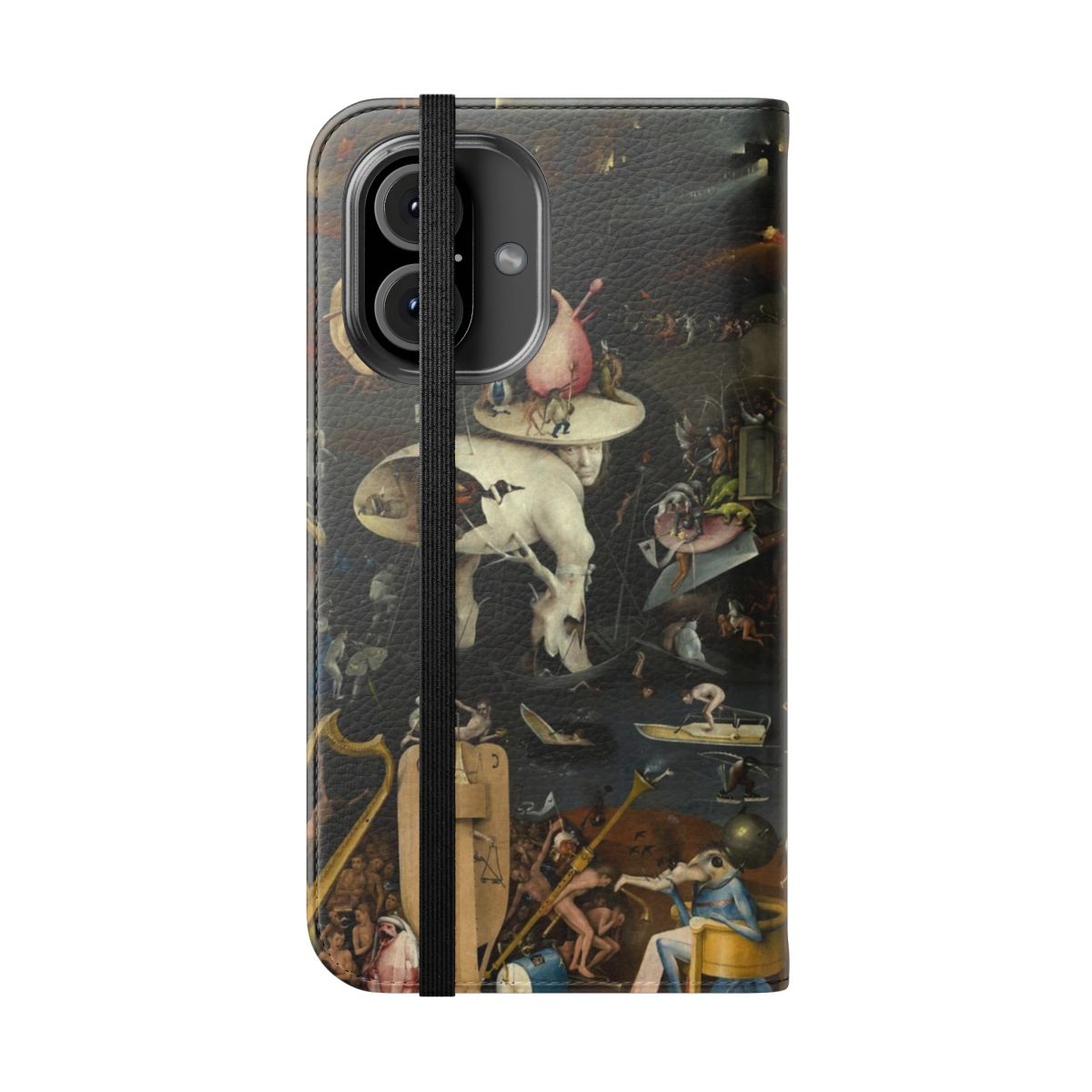 Surreal phone case featuring Hieronymus Bosch's "Garden of Earthly Delights" artwork - Folded Front