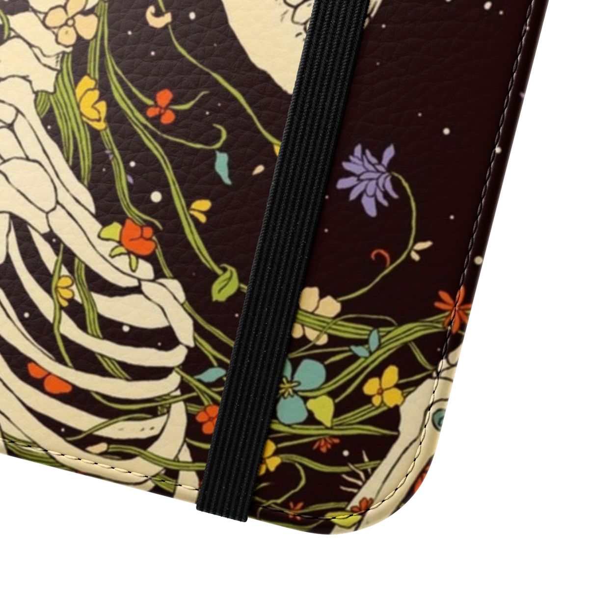 Flip cover phone case with surreal imagery of skulls, flowers, and the cosmos. - Close Up