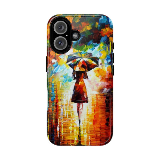 Vibrant, impressionist-style phone case featuring a Leonid Afremov-inspired painting of a figure in a rainstorm