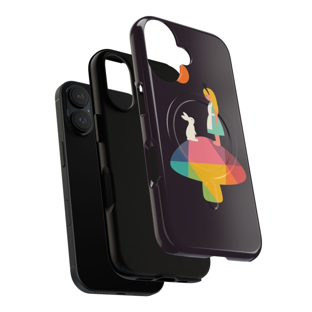 Colorful and whimsical phone case inspired by the Alice in Wonderland story with a magnetic closure for added protection. - Layers