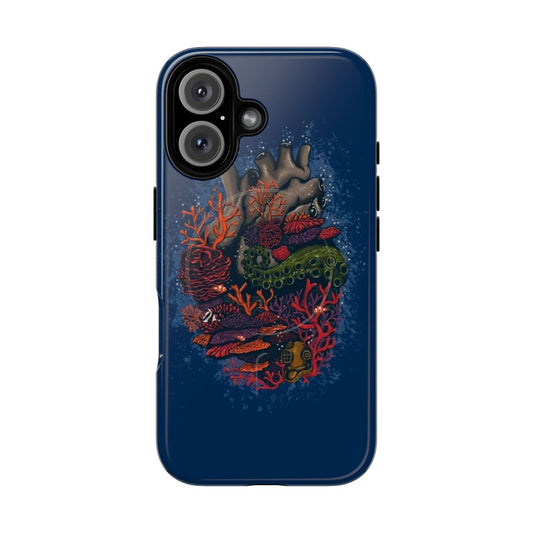 Colorful underwater scene with coral reef, fish, and other marine life on a phone case