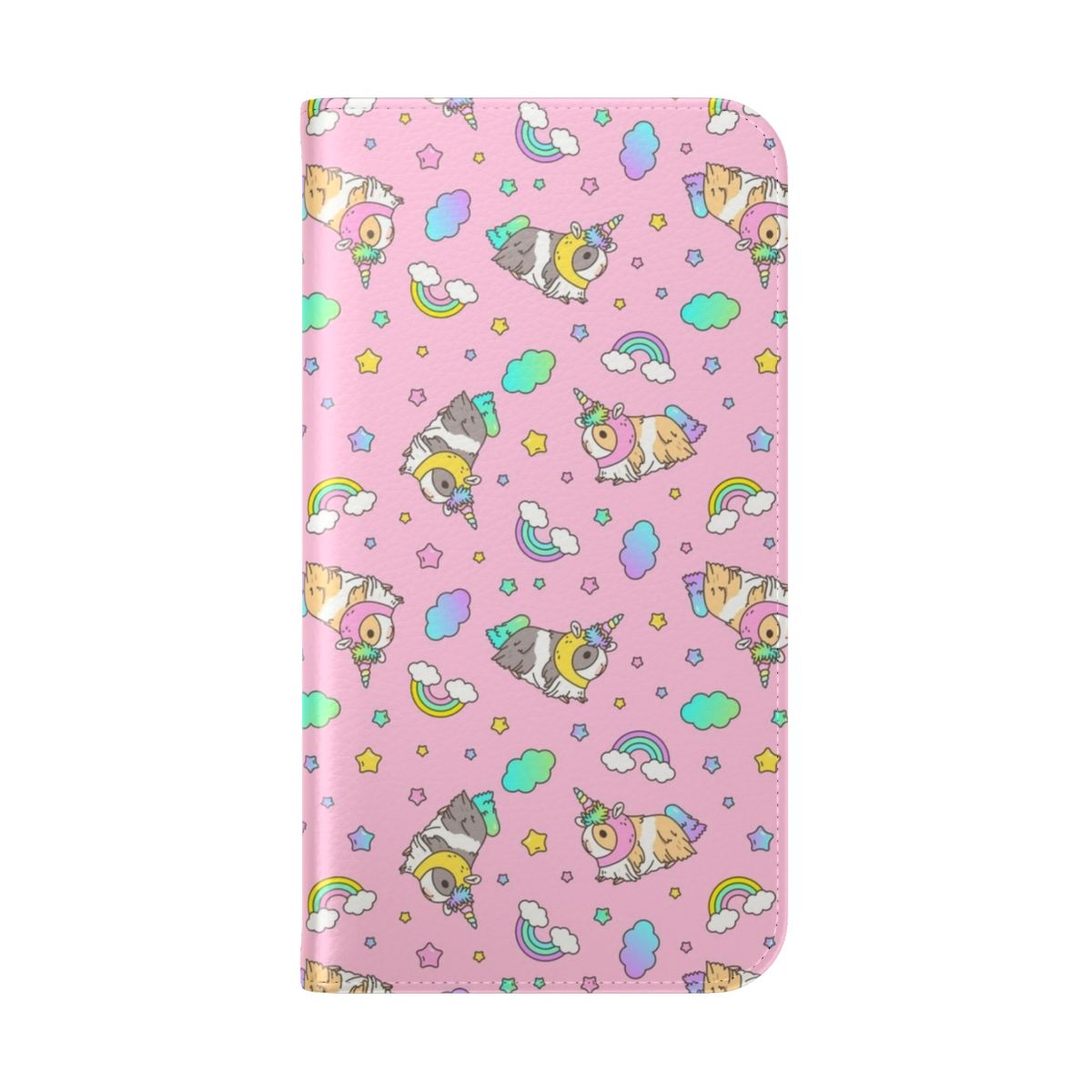 A pink flip phone case featuring a kawaii pink and rainbow guinea pig pattern design. - Folded Back