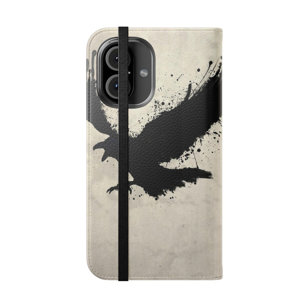 Raven-Inspired Flip Cover Phone Case with Sketch and Spatter Design - Folded Front